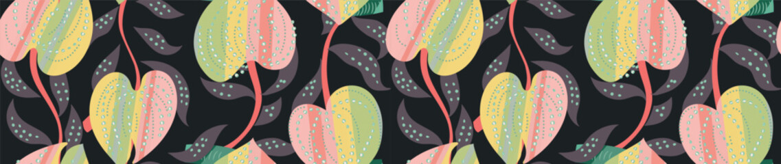 Hand drawn minimal colorful abstract leaves pattern. Summer abstract floral textile vintage print with curly leaves with holography effect on a dark background. Original  contemporary print.  