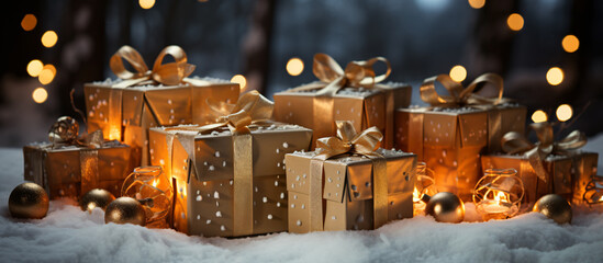 great wrapped christmas presents with beautiful bow in wintry atmosphere and glittering bokeh, generative AI