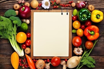 Blank rustic wood menu clipboard, surrounded by cooking ingredients and fruit and vegetables, top view, focus on center, Generative AI