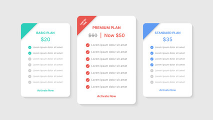 Pricing Table Packages Comparison Infographic Template Design with 3 Subscription Plans