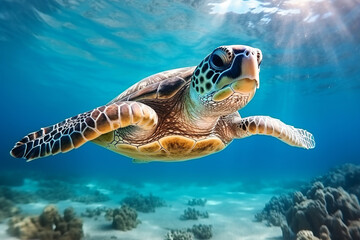 A Turtle underwater in blue ocean. Sea wildlife with tropical corals and fish