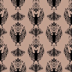 Seamless pattern of bats and moths in gothic style on beige background. For wallpapers, wrapping paper, fabric, textile, any Halloween-themed packaging and decor