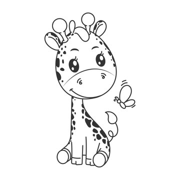 Cute giraffe sitting with butterfly in cartoon style for coloring