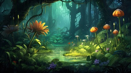 Fototapeta na wymiar Illustrate a scene where a botanist tends to otherworldly plants, each with unique and magical properties, in a hidden garden game art