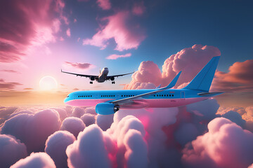 two aero planes in pink clouds with blue sky background. - obrazy, fototapety, plakaty