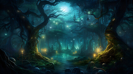 Experience the fantastical side of Halloween with this mesmerizing image. A mystical forest glows with enchantment as fireflies and magical creatures come to life.