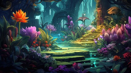 Obraz na płótnie Canvas Illustrate a scene where a botanist tends to otherworldly plants, each with unique and magical properties, in a hidden garden game art