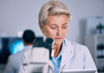 Science, tablet and medical with woman in laboratory for planning, research and pharmacy. Medicine,...