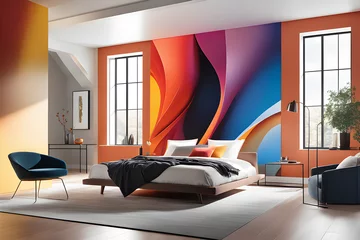 Fotobehang modern living room with fireplace, bed armchair and glass windows in the roo m with colourful paintings -Generative Ai © Images Guru
