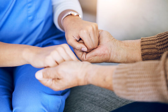 Closeup, Nurse And Patient Holding Hands, Help And Consultation With Healthcare, Home And Support. Zoom, Caregiver Or Pensioner With Sympathy, Praying And Advice With Results, Hope And Rehabilitation