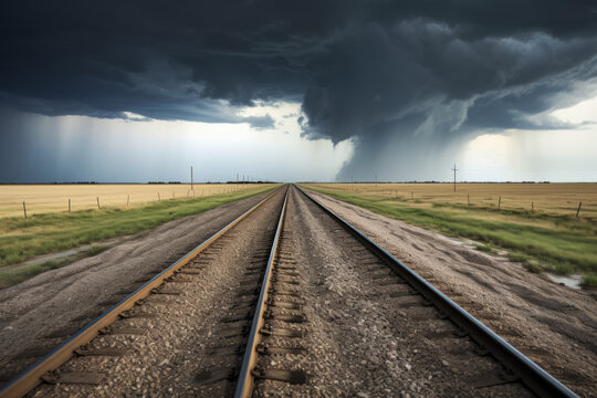 A squall line comes barrelling across a rail road crossing in the great plains. North Texas and Oklahoma are very unique in their storms