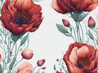 Template for invatation with red flowers and white background. AI