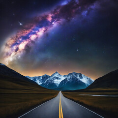Land road leading towards mountains and the milky way