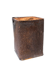 Old corroded Gallon steel square cans full of rust isolated on white background.