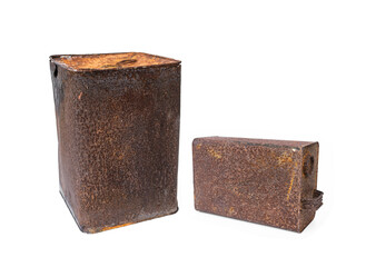 Old corroded Gallon steel square cans full of rust isolated on white background.