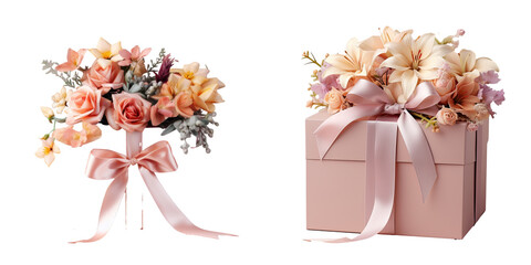 Flower filled gift box with satin ribbon on a transparent background