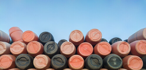 Empty barrels stacked, used in table olives industry