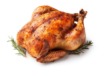 Whole roasted chicken on a white background. Grilled chicken.  - obrazy, fototapety, plakaty