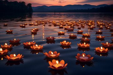 A peaceful lake with floating candles symbolizing the memory