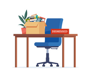 Office workplace and box with office things. Dismissed. Fired from job. Empty office armchair. Recruitment and people management vector concept illustration.