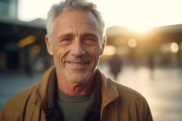 Senior caucasian man smiling to camera outdoors. High quality photo