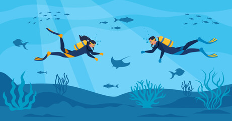 Divers with diving equipment swim in the sea. Seascape banner with people underwater. Characters wearing wetsuit with oxygen tanks and fins. Underwater world. Vector illustration. - obrazy, fototapety, plakaty
