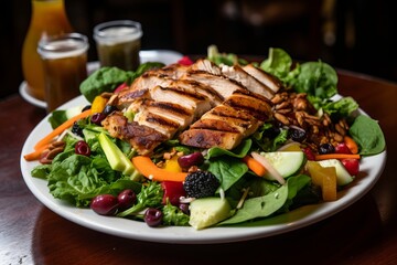  a delicious and healthy salad with chicken beautifully plated on a white dish