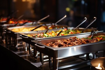 Buffet food at hotel party, stainless steel pan, chafing dish, Generative AI