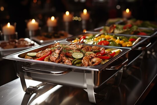 Buffet food at hotel party, stainless steel pan, chafing dish, Generative AI