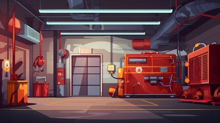 Fototapeta premium An illustration of the fire station interior with firefighter equipments AI Generated