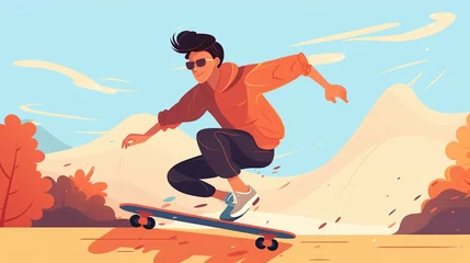 Foto op Aluminium An illustration of a cool boy is riding a skateboard AI Generated © stocksbyrs