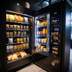 futuristic vending machines full of beverages and snacks vector illustration