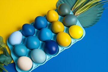  a colorful carton of eggs against a vibrant blue and yellow background