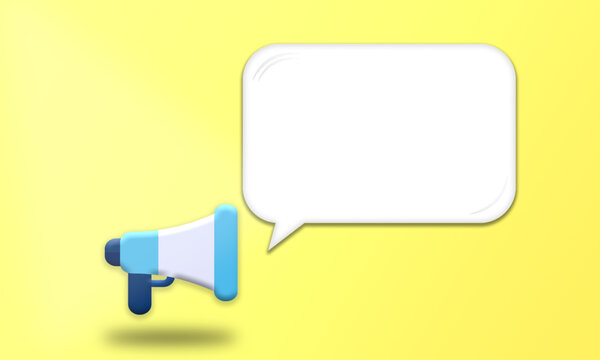 Megaphone and text bubble on yellow background. Announcement or promotion alert pattern web vector illustration. Simple design announce template.