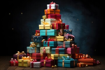 Big stack of colorful Christmas presents