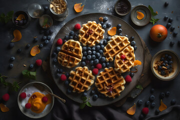 Photo of a delicious breakfast plate with waffles, fresh berries, and juicy oranges