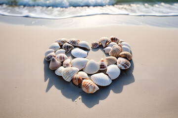 Fototapeta na wymiar beach scene with seashells arranged in the shape of love