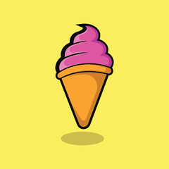 Ice cream balls in the waffle cone isolated on Yellow background. Vector flat outline icon. Comic character in cartoon style illustration for t shirt design