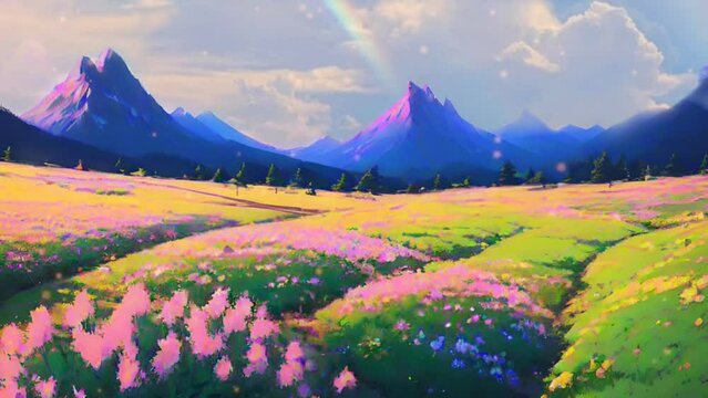 a flower garden surrounded by a number of butterflies with a mountainous background in illustrion looping video design