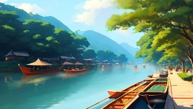 the canoe crosses a quiet river on the outskirts of the village in illistraion looping video design