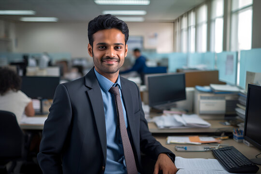 Indian Office Worker of a Law Firm Sitting at a Desk in Front of a Computer