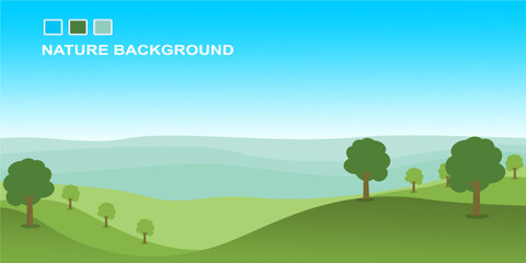 Nature landscape vector illustration with cartoon style. Beautiful spring landscape cartoon with green grass and blue sky