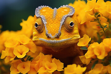 chameleon with flowers on background