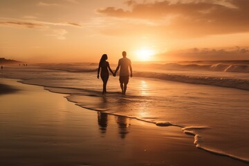 Fototapeta na wymiar couple walking hand in hand on a beautiful sandy beach
