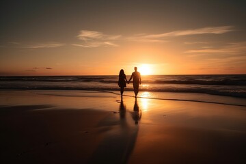 two people walking hand in hand along a sandy beach with gentle waves crashing in the background