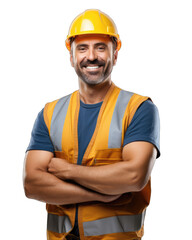 Male construction worker in helmet and orange vest, smiling, isolated on white transparent background, png