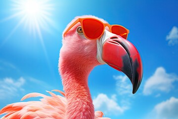 Fototapeta premium Pink flamingo wearing summer sunglasses ,generative ai
