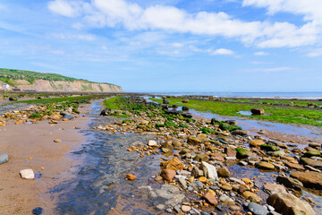 On the beach at Robin Hoods Bay on a bright  spring day.