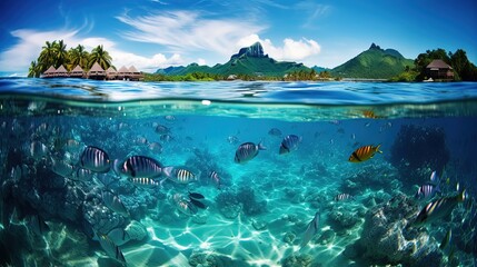 beautiful tropical island with coral reef full of fish swimming underwater, summer paradise, Generative Ai