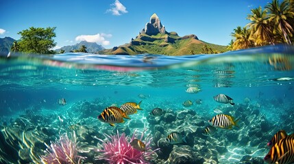 beautiful tropical island with coral reef full of fish swimming underwater, summer paradise, Generative Ai